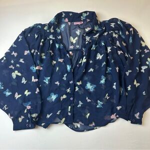 Sugar Kisses Blouse Womens Medium Sheer Butterfly Print Long Sleeve Top